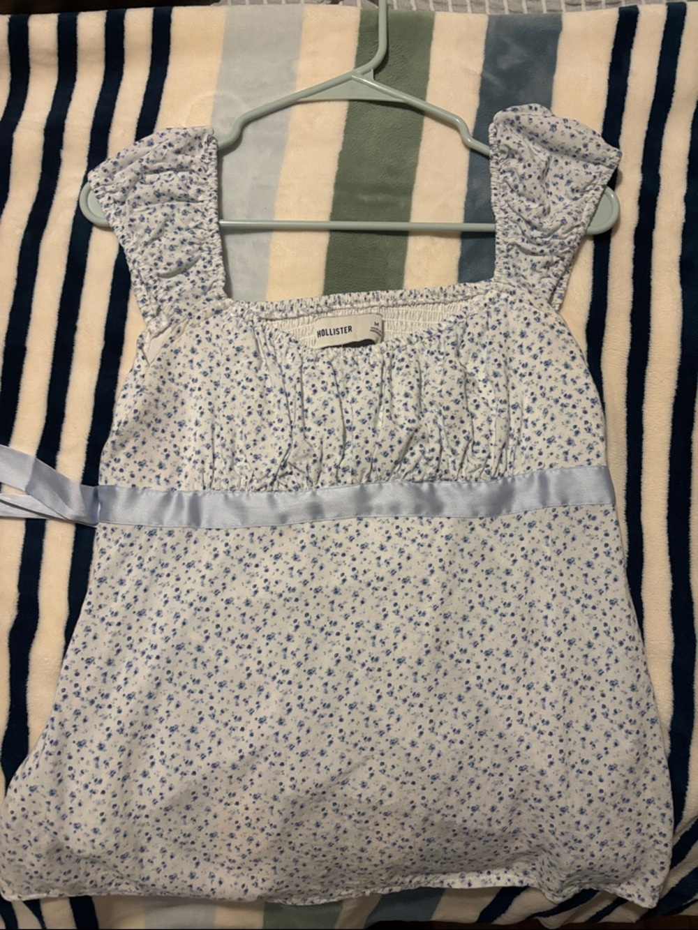 Hollister Light Blue Floral Ribbon-Trim Tank Top